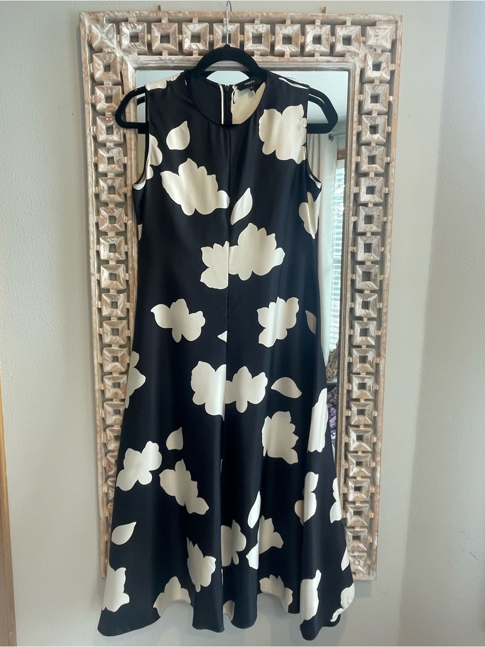 Theory Black silk Midi Dress with Cream Floral Pattern